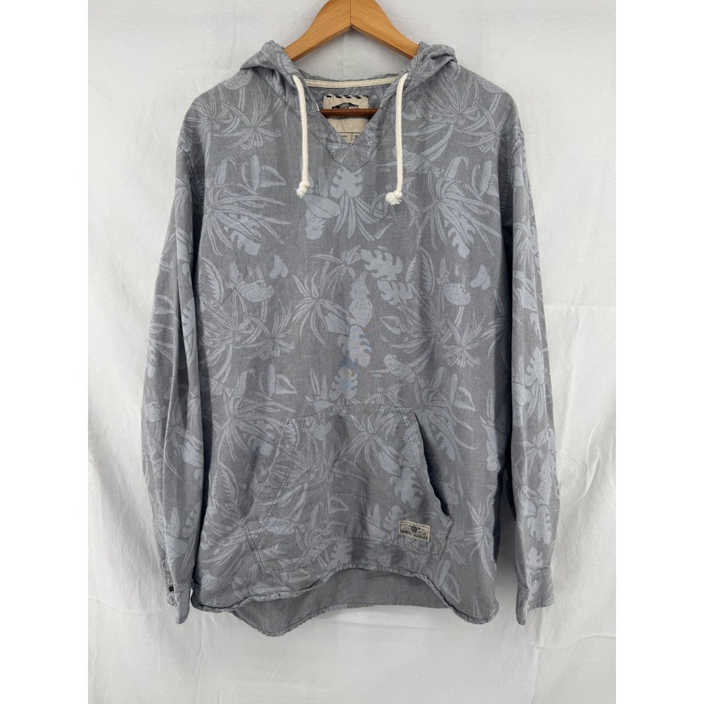 Vans Off The Wall Mens XL Grey Tropical Floral Parrot Hooded Shirt Pullover